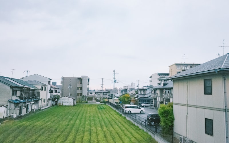 Suburban neighborhood with green lawns